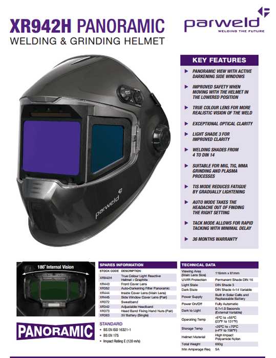 Parweld Welding Mask XR942 Panoramic Welding and Grinding Helmet