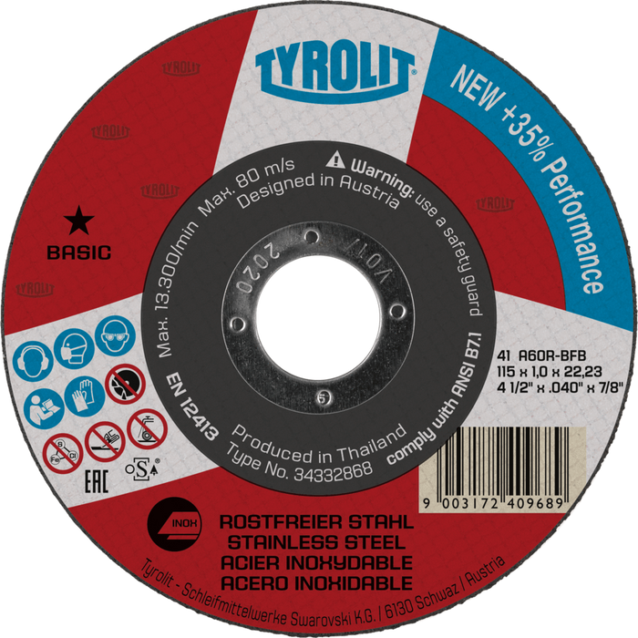 Tyrolit Cutting Disc Tyrolit Cutting Disc 115 x 1.0 x 22.23Basic*A60 Pk25